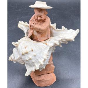 SUJET EN TERRE CUITE SUR COQUILLAGE DES ANNÉES 1900/20 PAR COLLOT SE