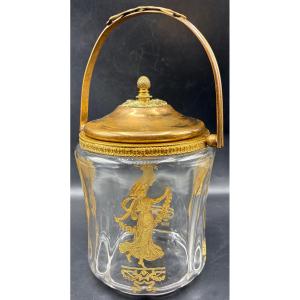 SEAU À BISCUITS EN CRISTAL SOUFFLÉ GRAVÉ DORÉ ET LAITON DORÉ DE CHEZ SAINT LOUIS VERS 1900