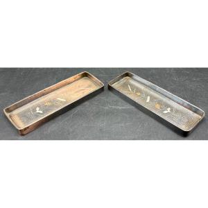 PAIRE DE MINI PLATEAUX EN BRONZE PATINÉ ET DINANDERIE VERS 1870  CHINOIS 