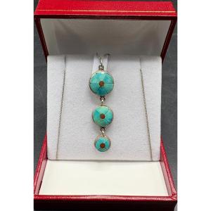 PENDENTIF EN ARGENT MASSIF TURQUOISES ET CORAIL DES ANNÉES 1940/50 ÉTRANGÈRE 