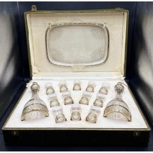 Blown Crystal Liqueur Service Engraved With Chez Saint Louis And Vermeil From The 1870s/80s