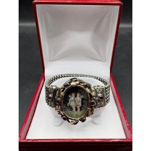 Silver And Vermeil Bracelet, Garnets And Miniature Circa 1860 French