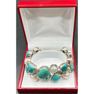 BRACELET GOURMETTE EN ARGENT MASSIF PERLES CABOCHONS DE TURQUOISE ET QUARTZ VERS 1980 EUROPÉEN