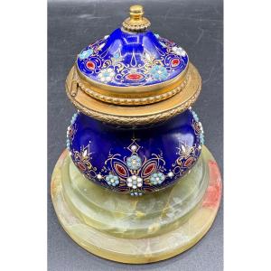 Enameled Gilt Bronze Inkwell And Carved Alabaster Base From The French 1880s
