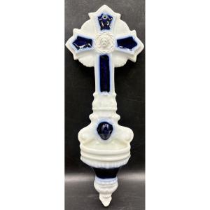 White-blue Bayeux Enameled Porcelain Stoup Circa 1860/70
