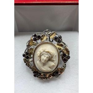 Solid Silver Brooch, Vermeil With Garnets And Limestone, Circa 1860, French 
