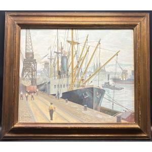 UNE GOUACHE LE PORT DE ROUEN DES ANNÉES 1900 PAR JACQUES ROUBILLE 