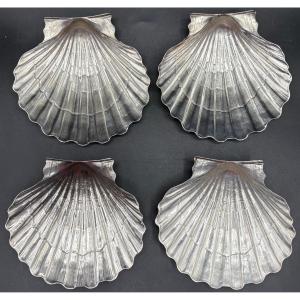 QUATRE COQUILLES SAINT JACQUES EN MÉTAL ARGENTÉ DES ANNÉES 1930 FRANÇAISES