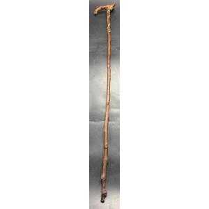 Hazel Wood And Brass Walking Cane In The Style Of 1900s French Folk Art