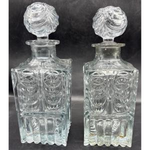 Pair Of Moulded Blown Crystal Alcohol Carafes Cut From Creusot Around 1810