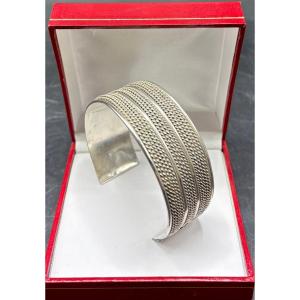 BRACELET DEMI MANCHETTE 3/4 OUVRANT EN ARGENT MASSIF DES ANNÉES 1950 ÉTRANGER