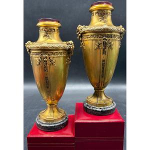 Pair Of Soliflore Vases In Gilded Chiseled Bronze And Crystal By Barbedienne, Late 19th Century