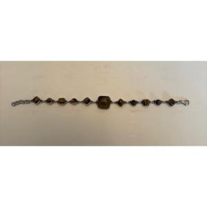 Solid Silver Chain Bracelet With Tiger's Eye Cabochons From The 1980s European
