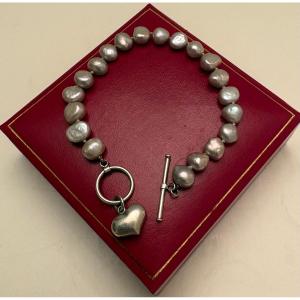 1980s European Water Pearl And Solid Silver Bracelet