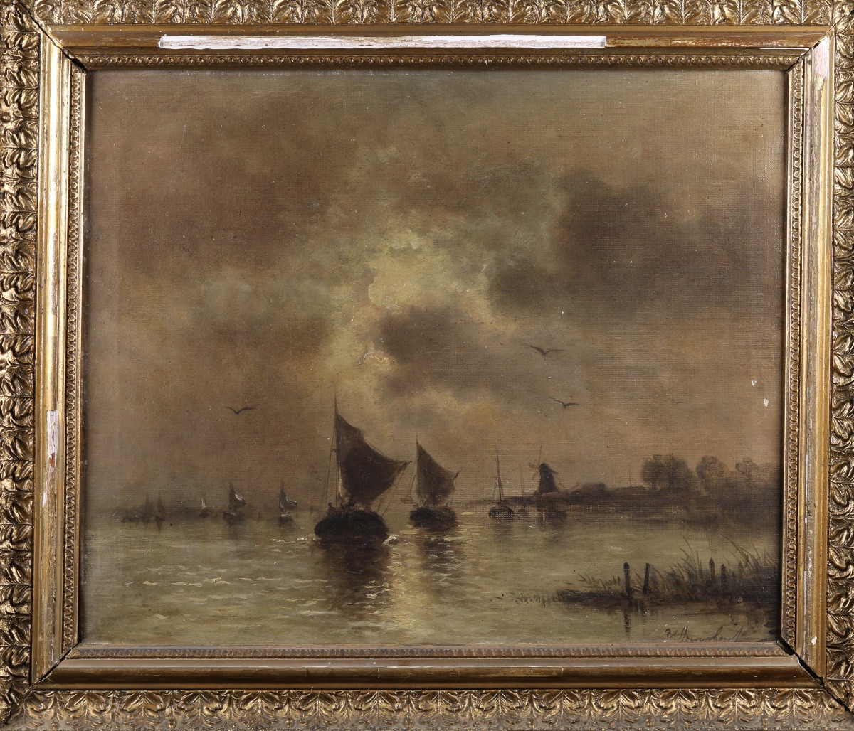 École hollandaise, XIXᵉ siècle -  Marine au coucher du soleil-photo-2