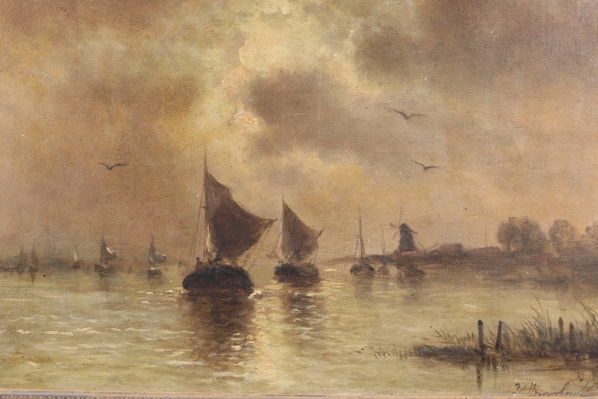 École hollandaise, XIXᵉ siècle -  Marine au coucher du soleil-photo-4