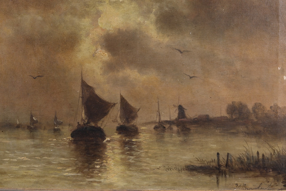 École hollandaise, XIXᵉ siècle -  Marine au coucher du soleil-photo-2