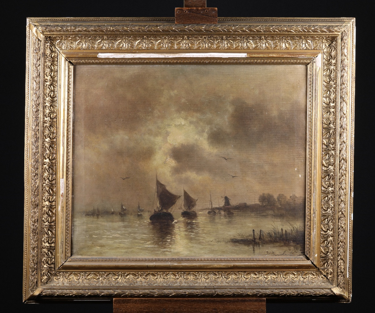 École hollandaise, XIXᵉ siècle -  Marine au coucher du soleil