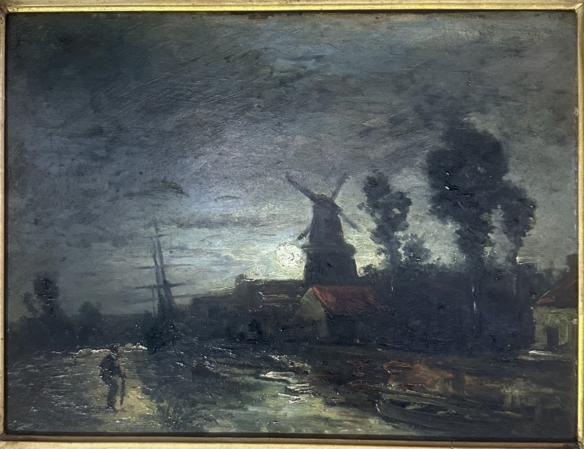 Moonlight At The Mill - 19th Century Oil On Panel-photo-2