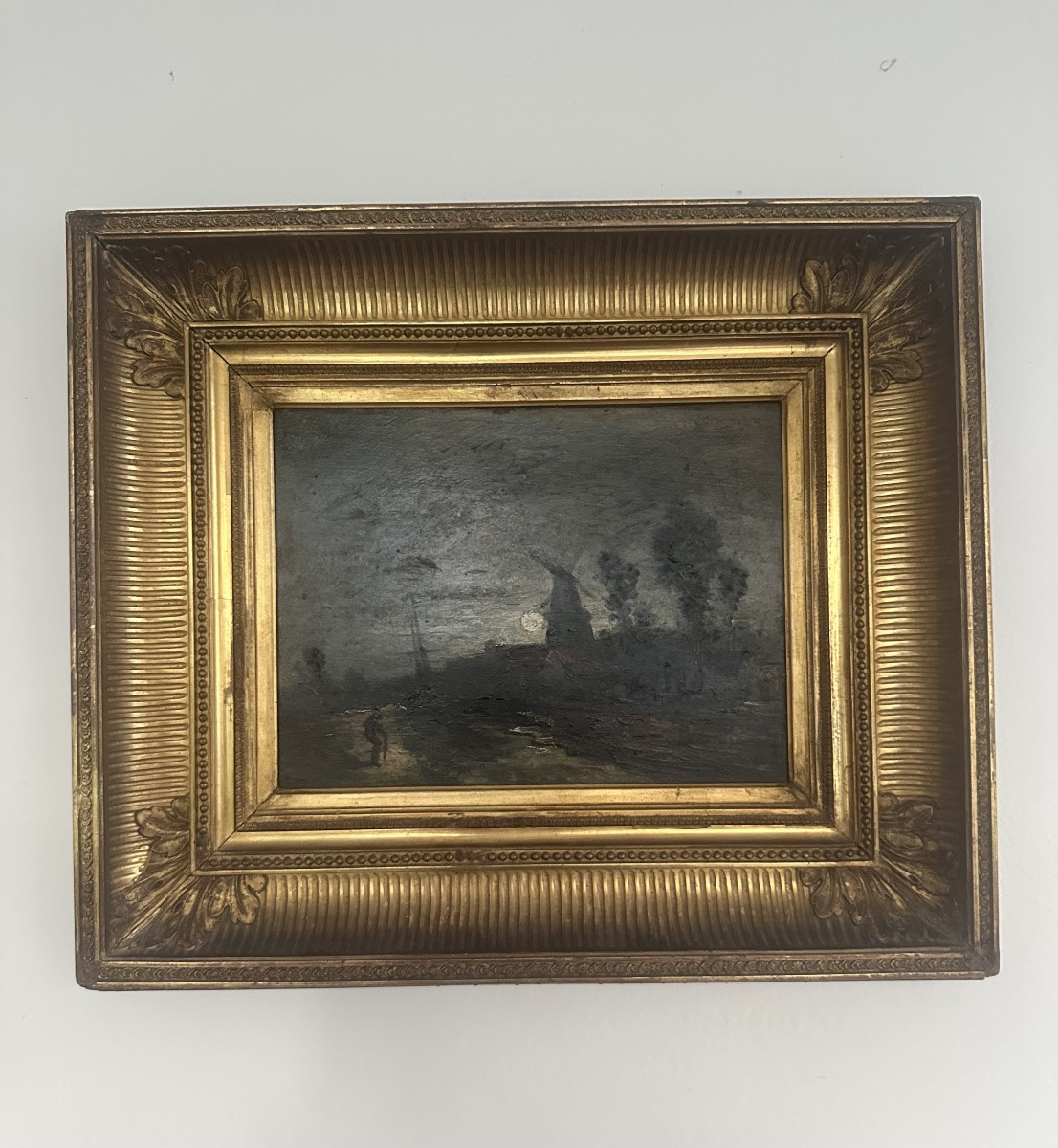 Moonlight At The Mill - 19th Century Oil On Panel-photo-3