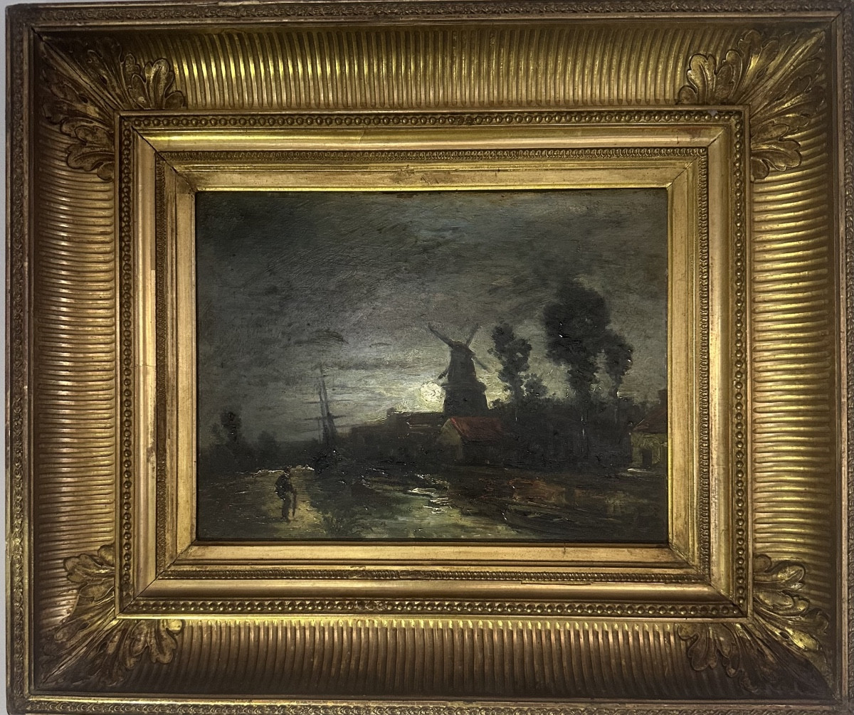 Moonlight At The Mill - 19th Century Oil On Panel