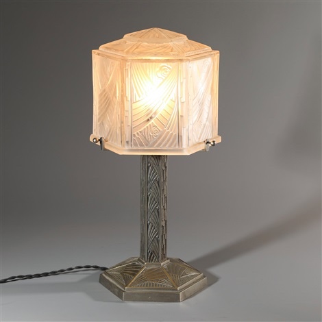 Art Deco Lamp By Hettier & Vincent In Bronze And Pressed Glass, Hexagonal Model – 37 Cm