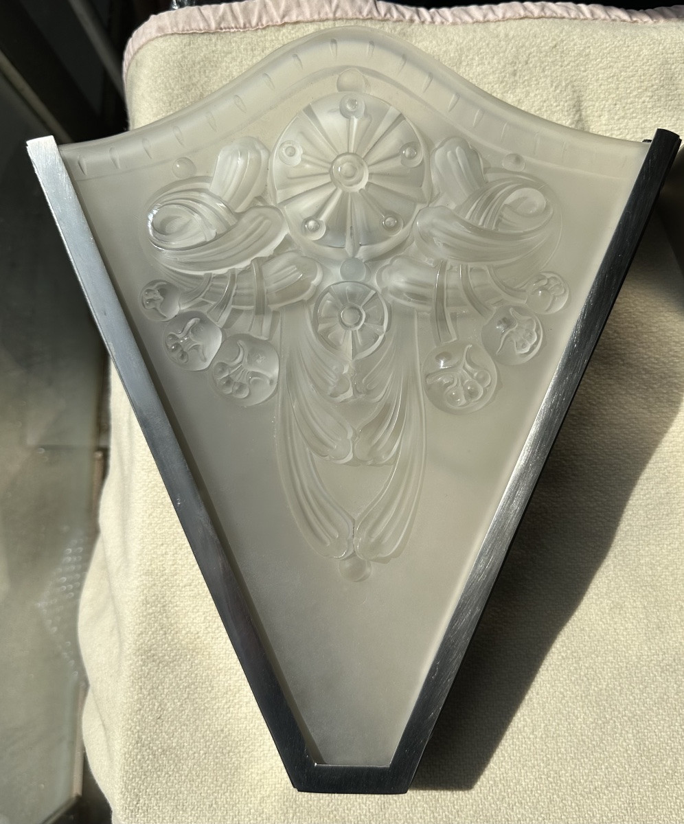 Paire d’appliques Art Déco en verre moulé et bronze-photo-4