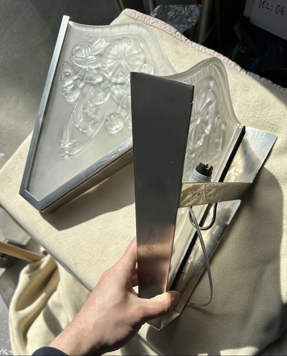 Paire d’appliques Art Déco en verre moulé et bronze-photo-6