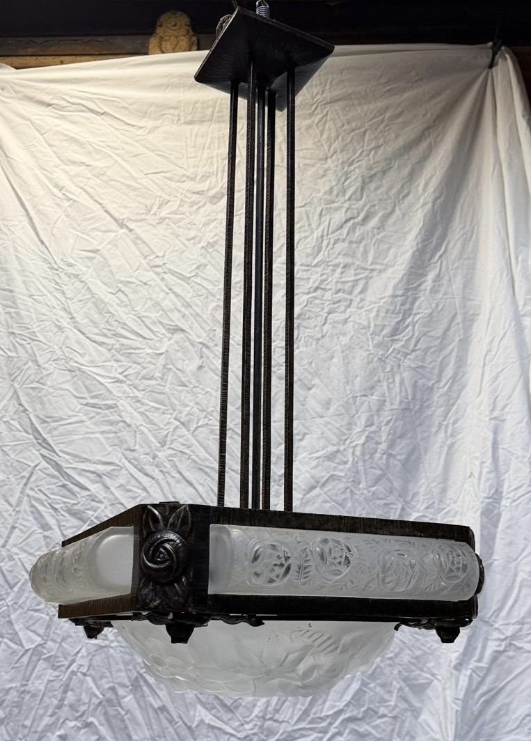Degue (david Guéron) Large Art Deco Chandelier With Stylized Floral Motifs, Circa 1930-photo-4