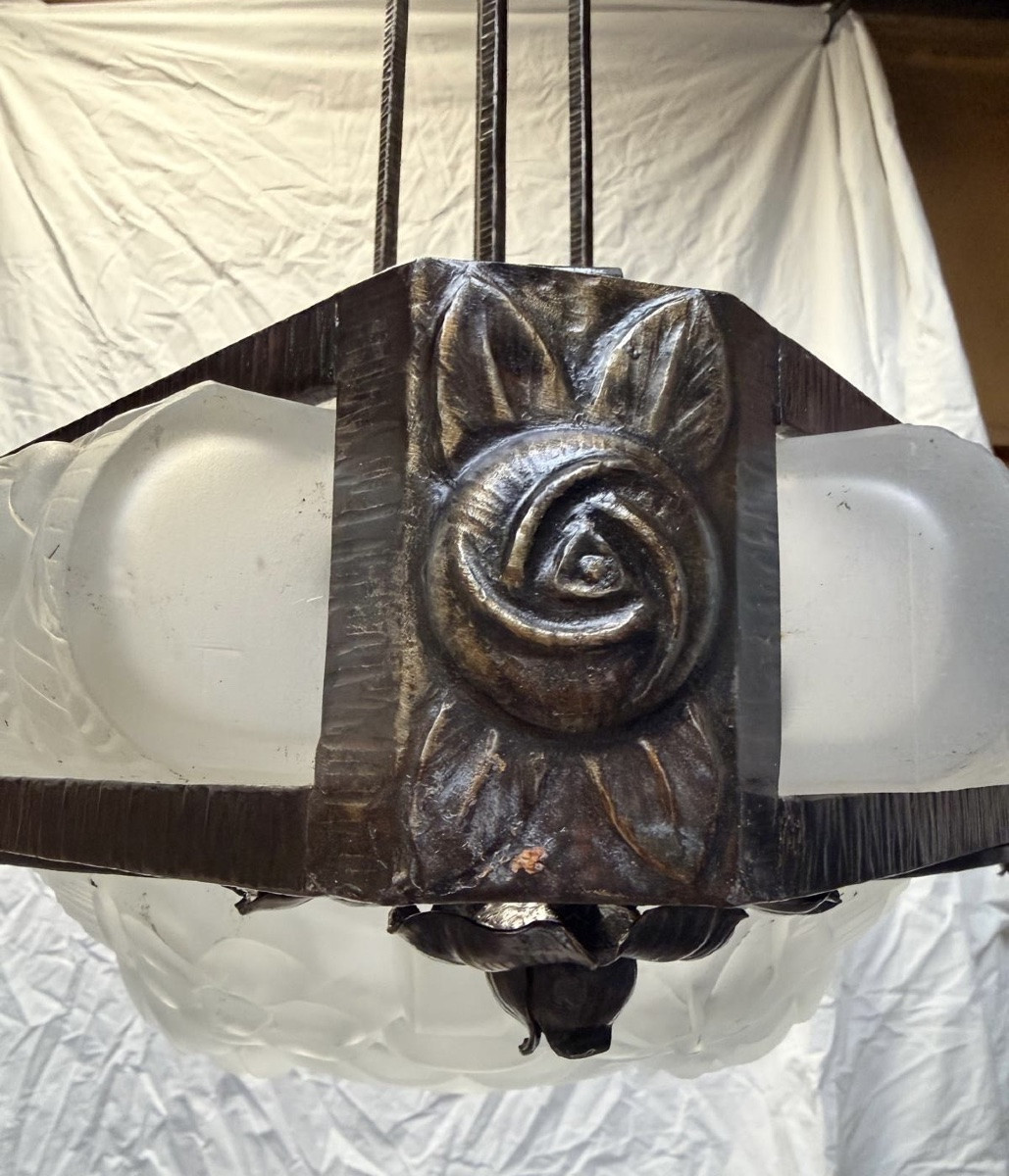 Degue (david Guéron) Large Art Deco Chandelier With Stylized Floral Motifs, Circa 1930-photo-4