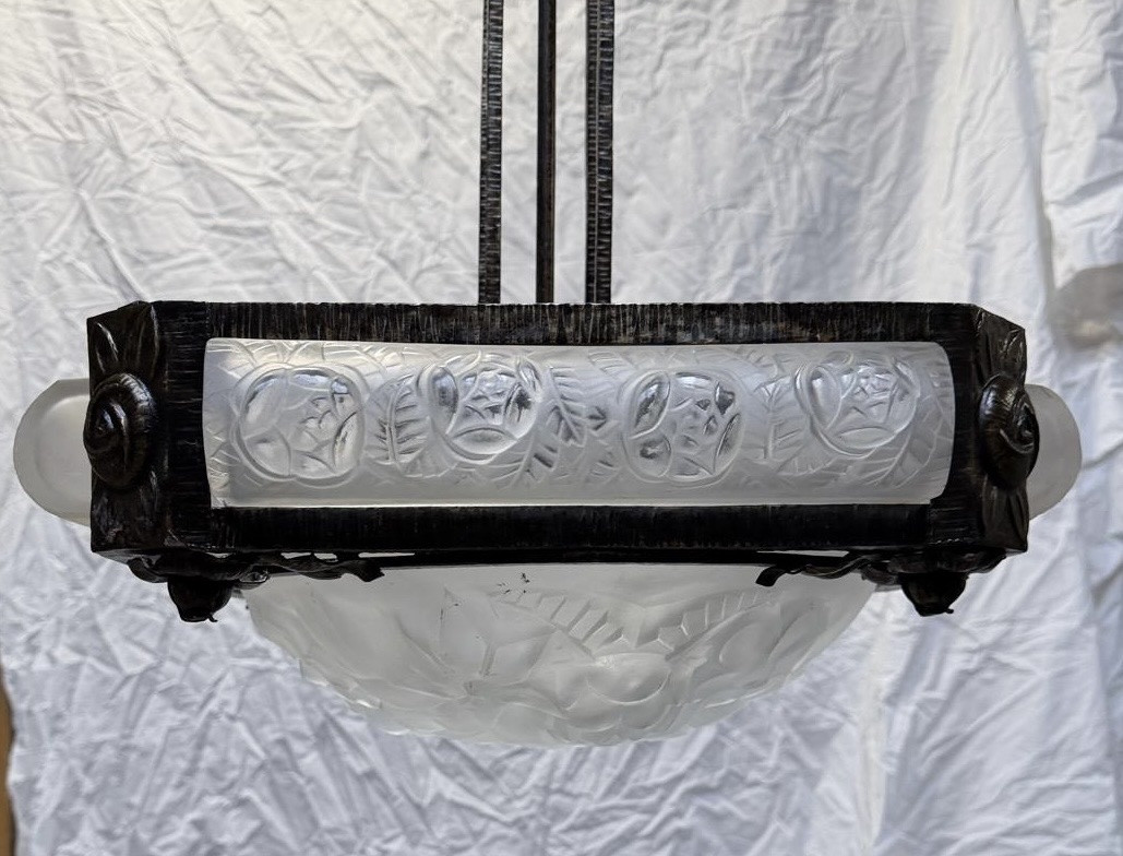 Degue (david Guéron) Large Art Deco Chandelier With Stylized Floral Motifs, Circa 1930-photo-5