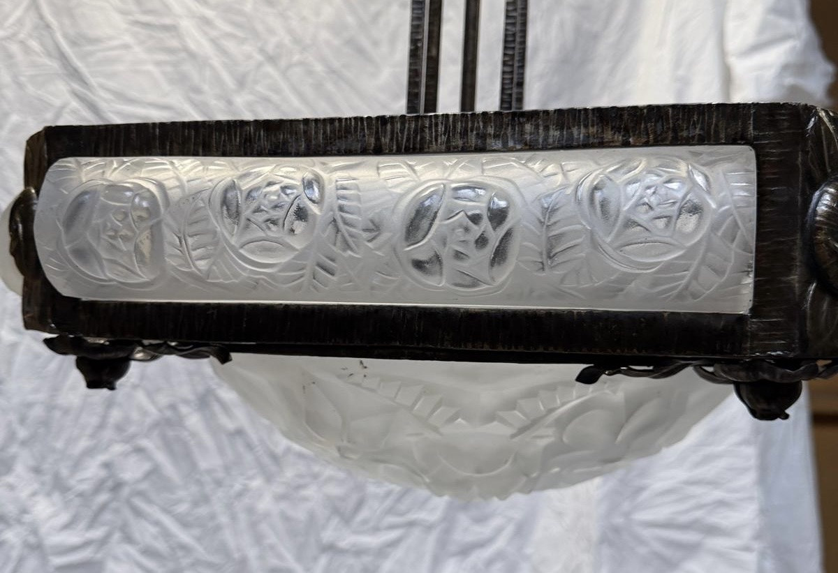 Degue (david Guéron) Large Art Deco Chandelier With Stylized Floral Motifs, Circa 1930-photo-8