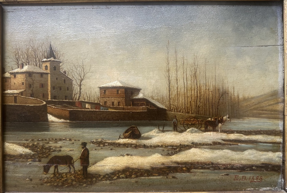 Animated Winter Landscape, 1888 Oil On Panel, Signed And Dated Lower Right E.d. 1888-photo-2