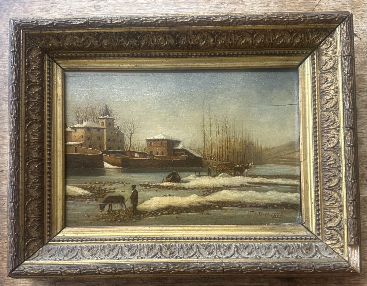 Animated Winter Landscape, 1888 Oil On Panel, Signed And Dated Lower Right E.d. 1888