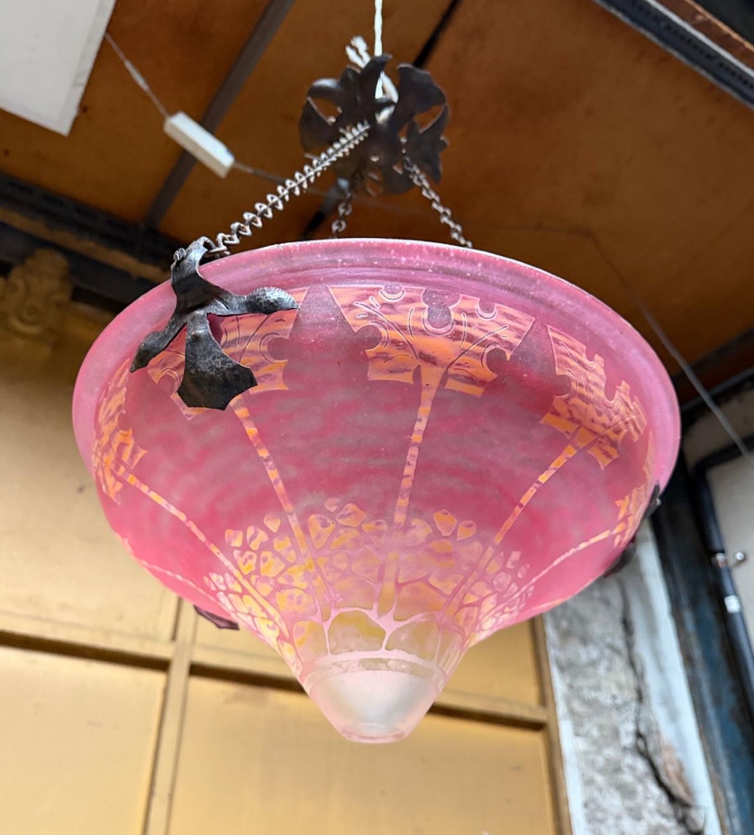 Le Verre Français - Large Acid-etched Glass Suspension With Stylized Decoration