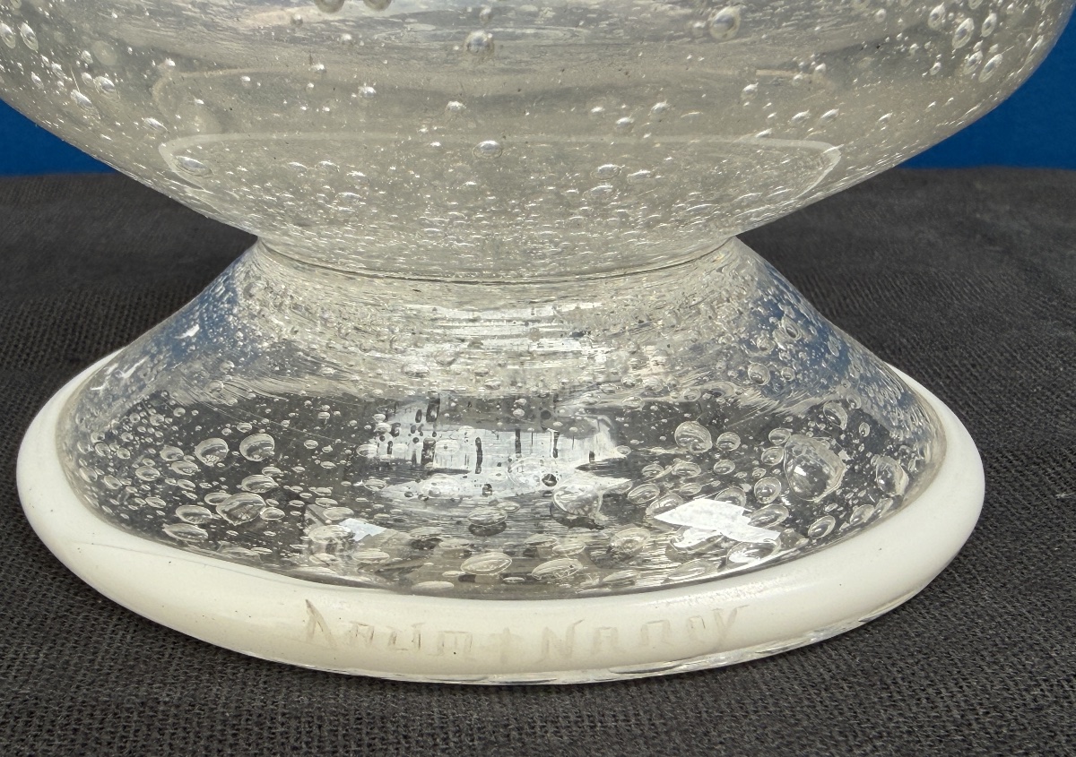 Vase Art Déco en verre bullé à décor blanc appliqué, signé Daum Nancy, vers 1925-photo-1