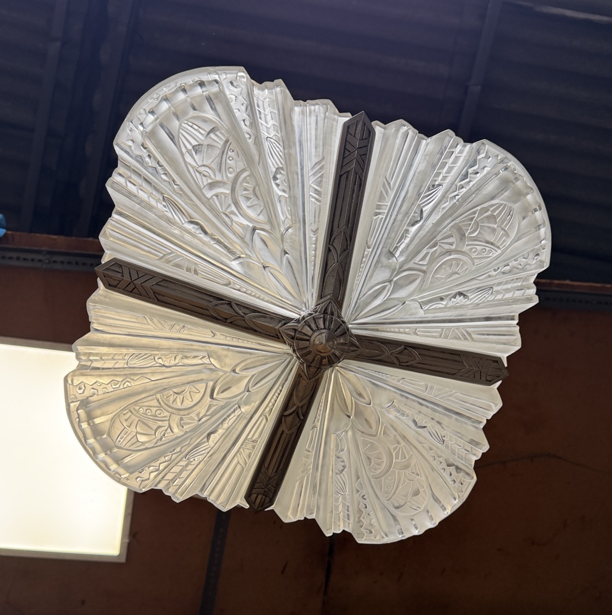 Art Deco Frontisi Chandelier In Cast Glass And Bronze-photo-1