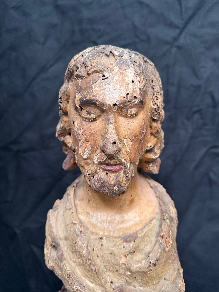 Buste du Christ en bois sculpté et polychromé France, XVIIe siècle-photo-2