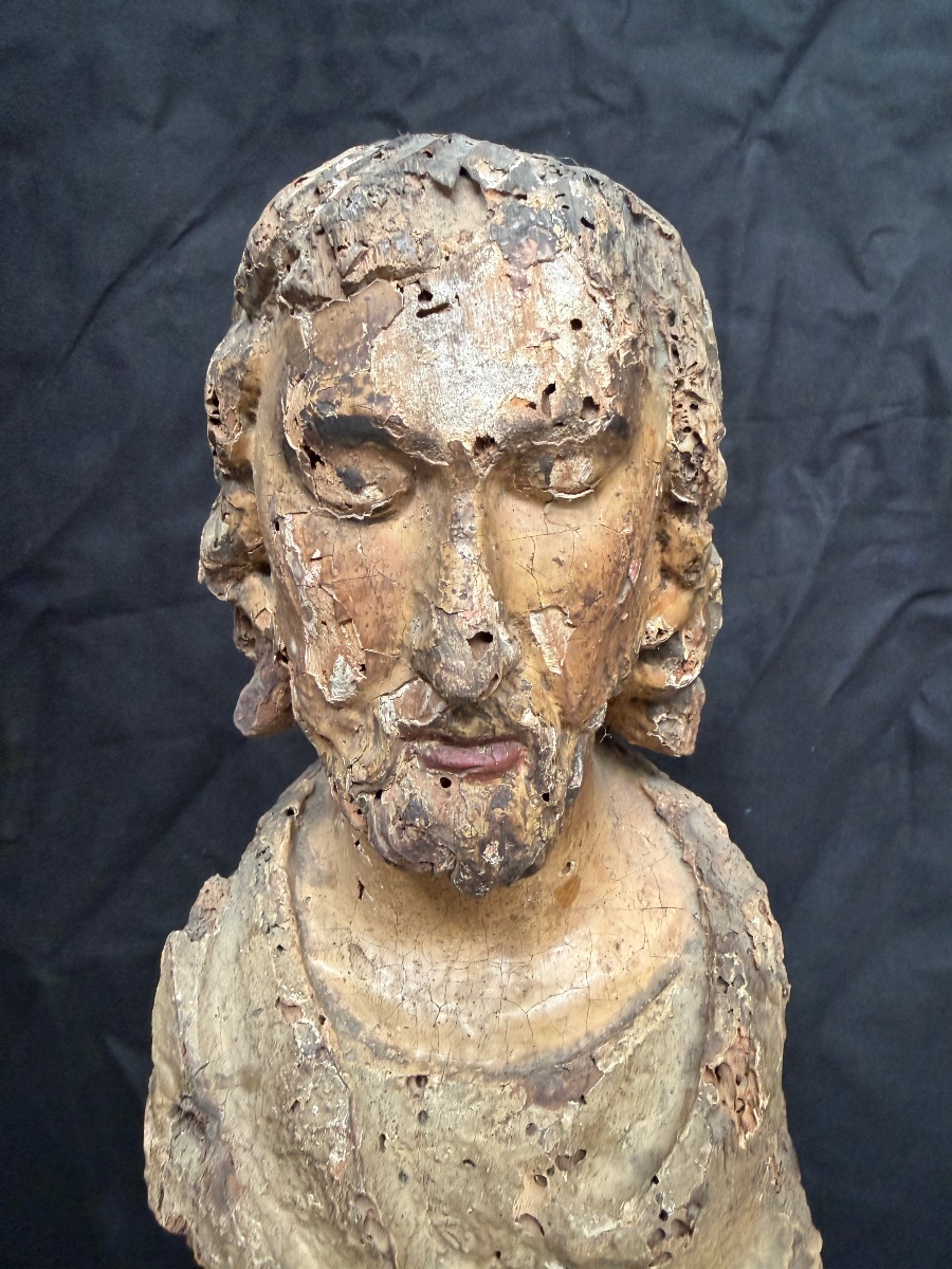 Buste du Christ en bois sculpté et polychromé France, XVIIe siècle-photo-3