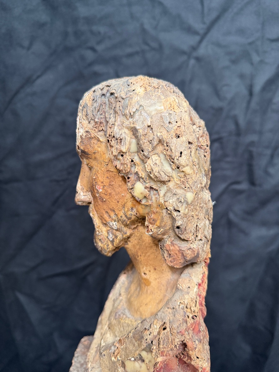 Buste du Christ en bois sculpté et polychromé France, XVIIe siècle-photo-4