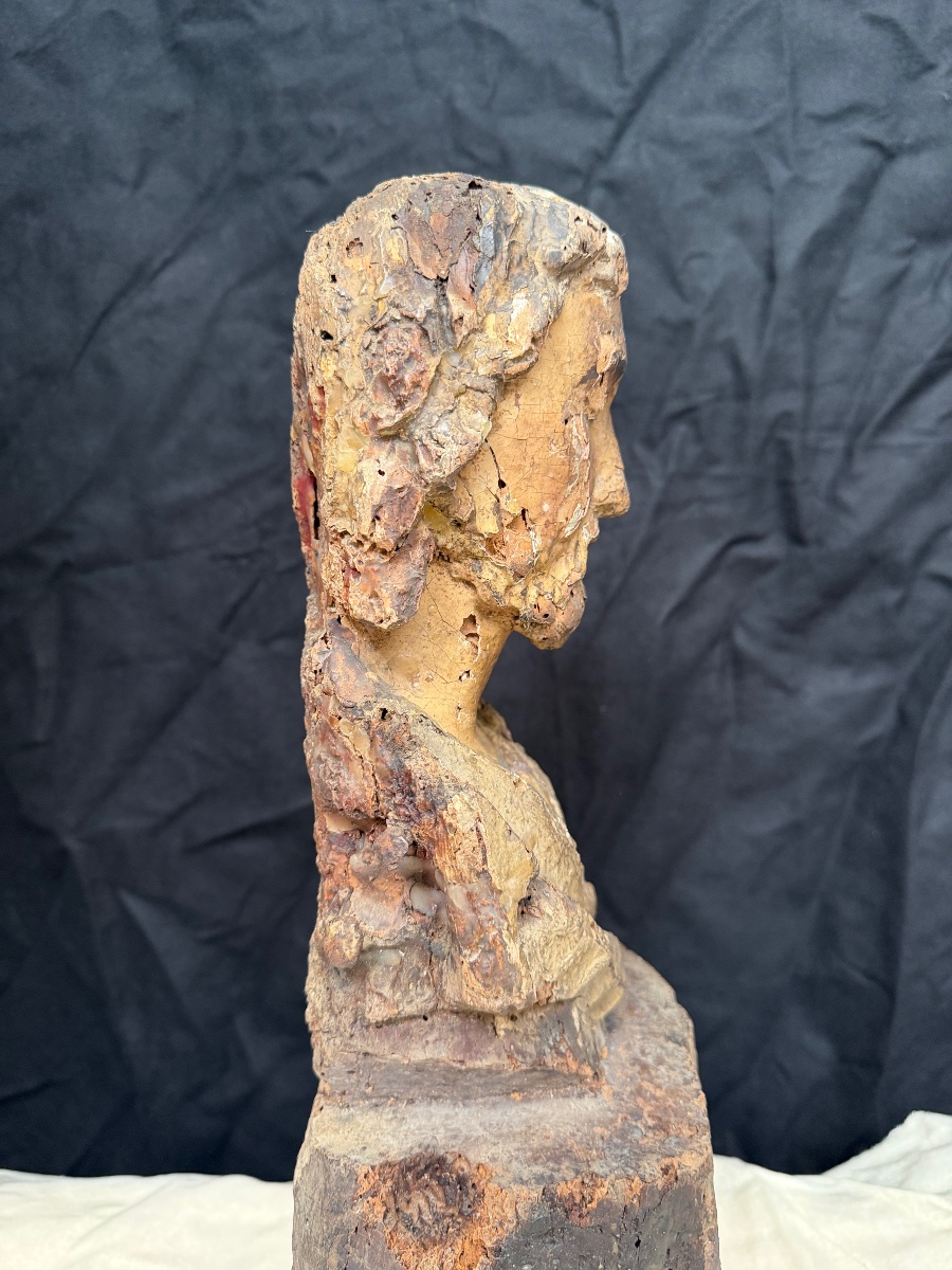 Buste du Christ en bois sculpté et polychromé France, XVIIe siècle-photo-6