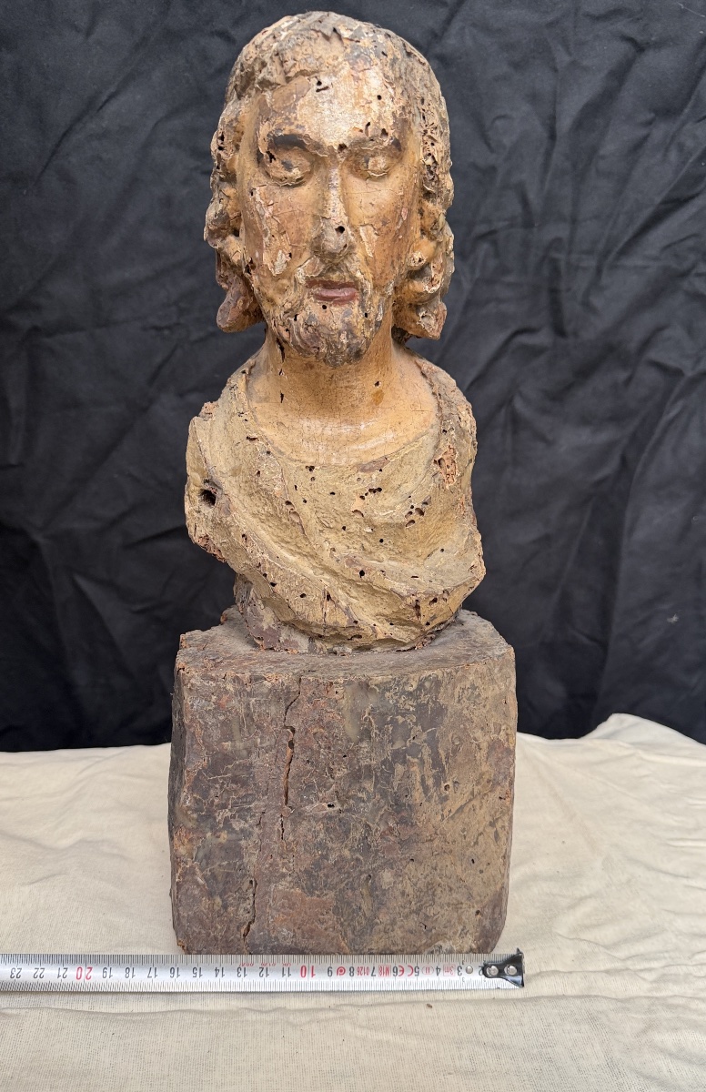 Buste du Christ en bois sculpté et polychromé France, XVIIe siècle-photo-8