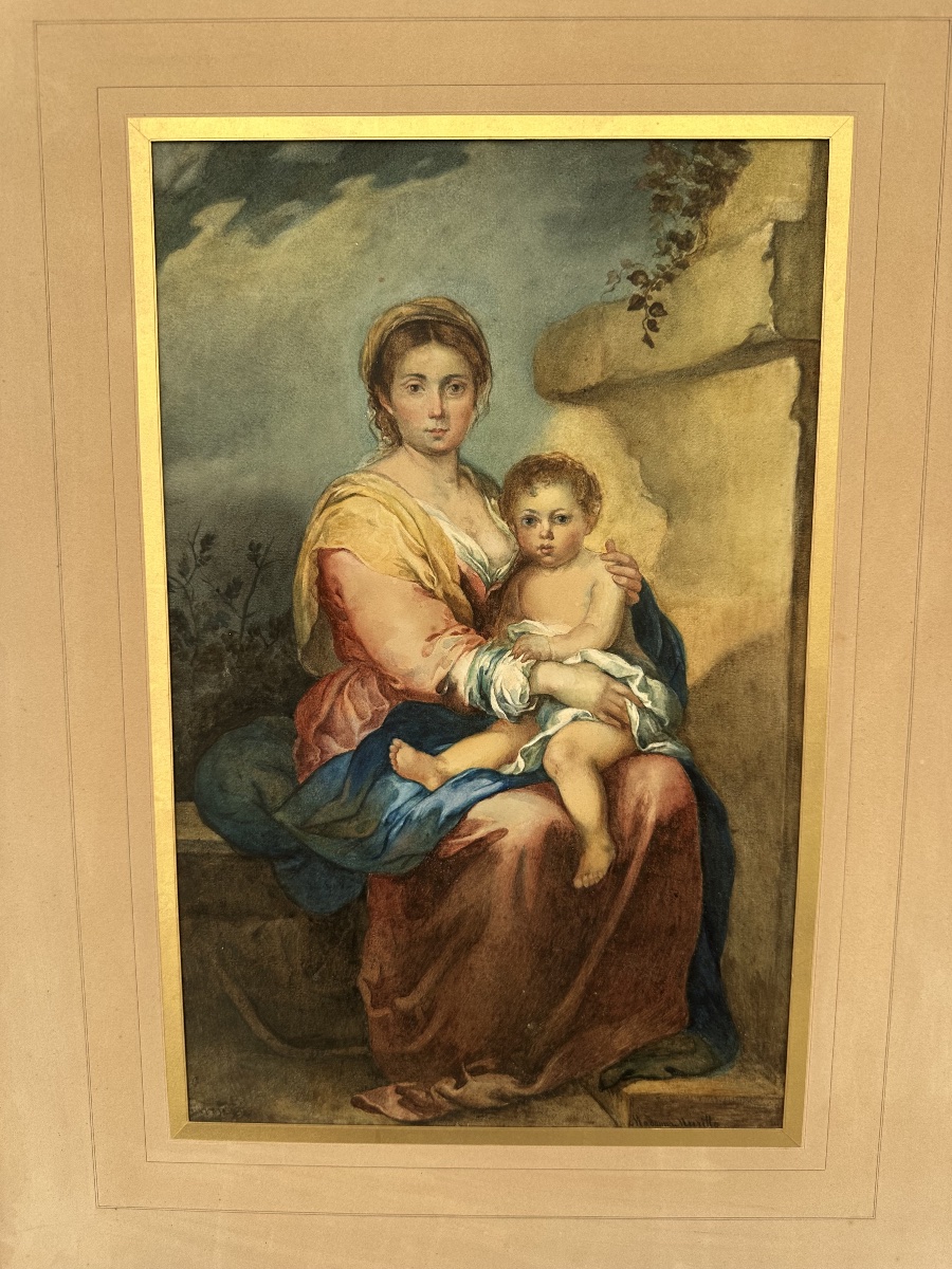 Virgin And Child, Watercolor On Paper, 19th Century-photo-2