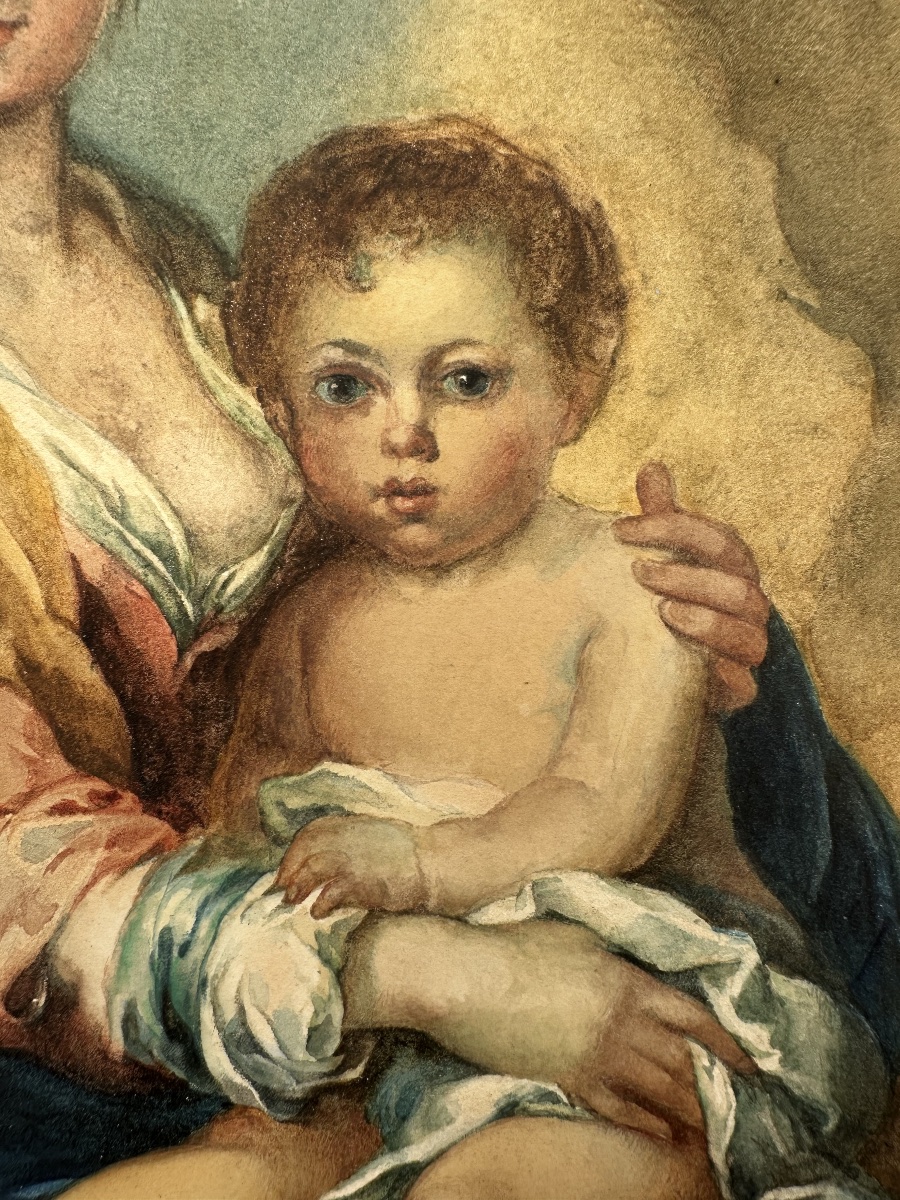 Virgin And Child, Watercolor On Paper, 19th Century-photo-3