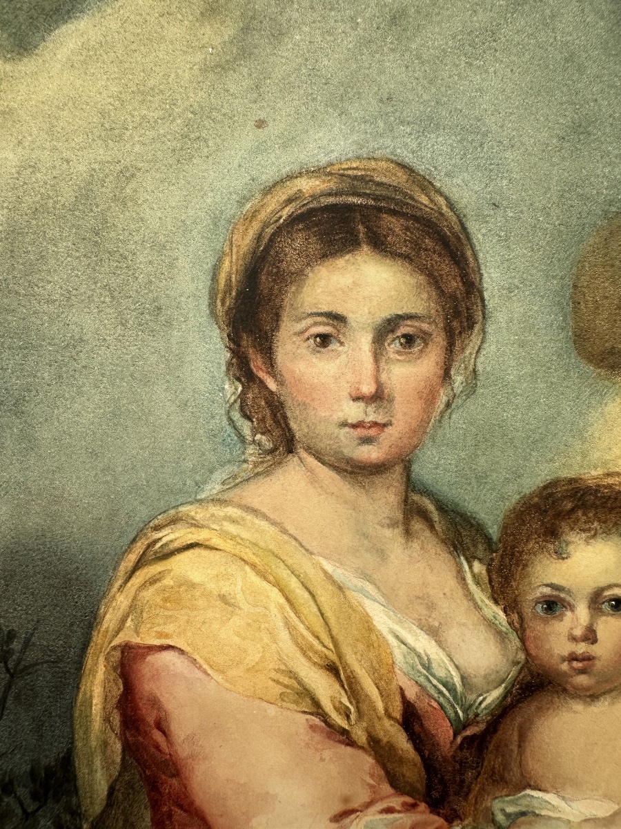 Virgin And Child, Watercolor On Paper, 19th Century-photo-4