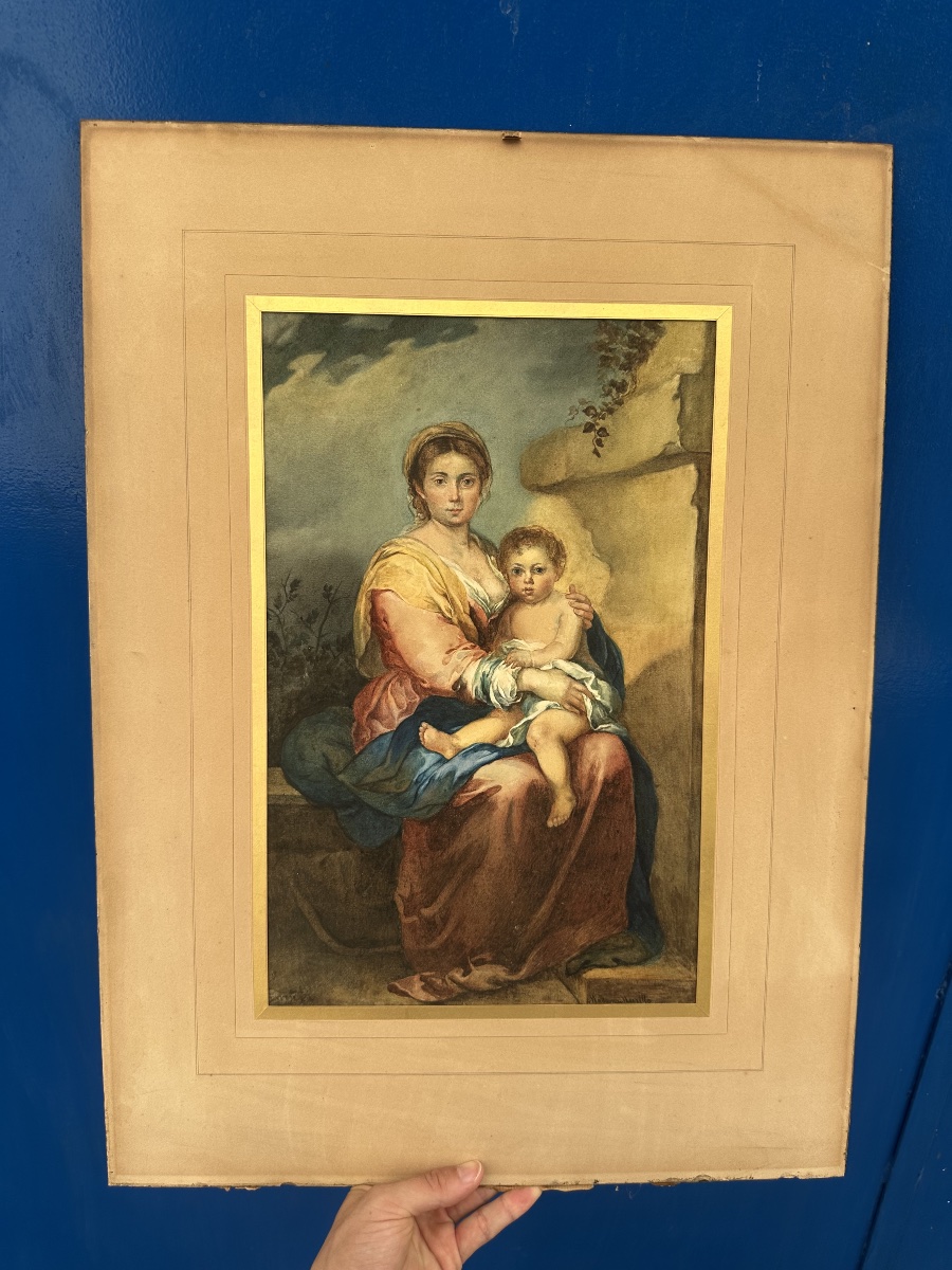 Virgin And Child, Watercolor On Paper, 19th Century