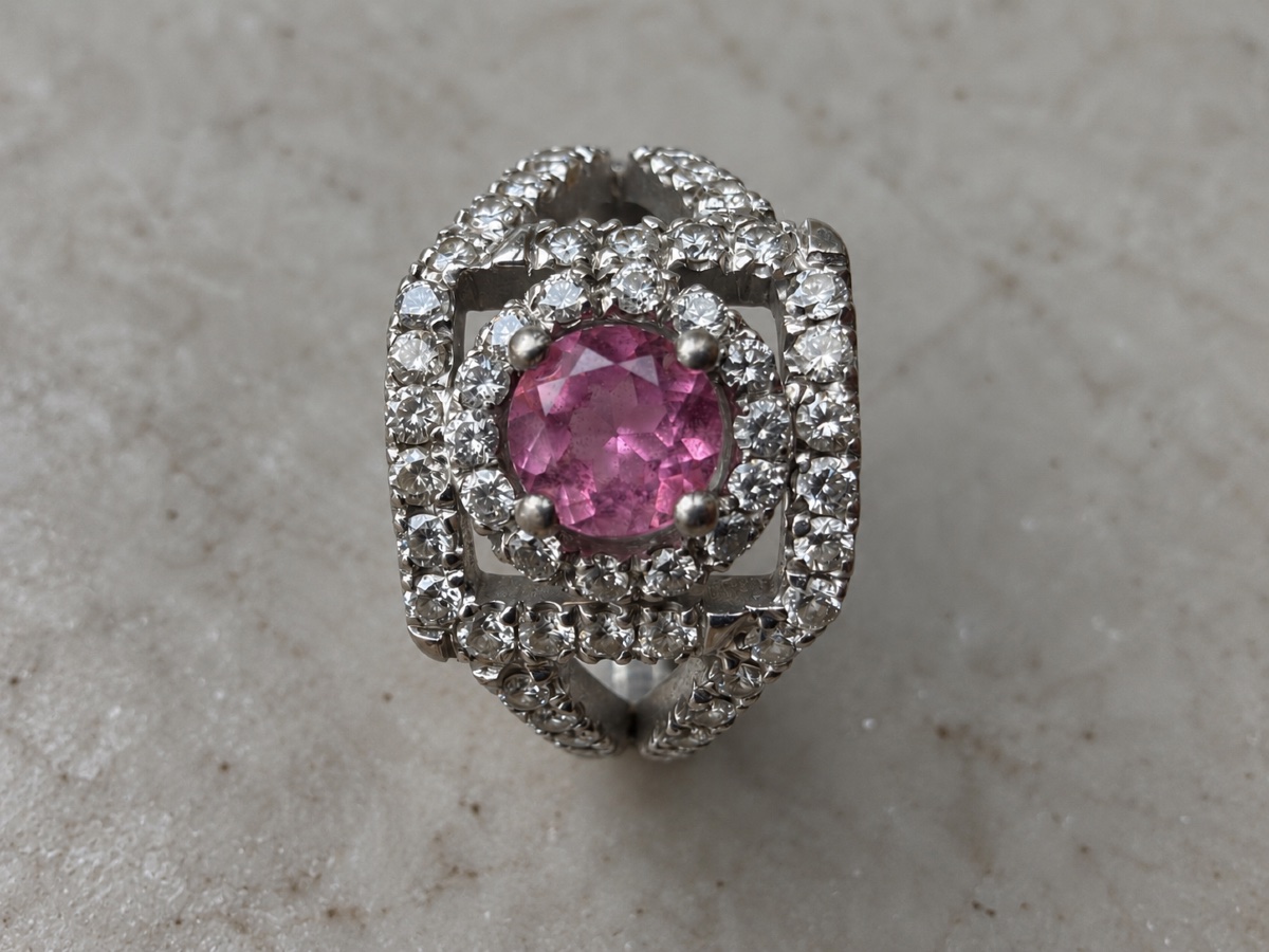 Bague en Or Blanc 18 Carats, Saphir Rose et Diamants-photo-3