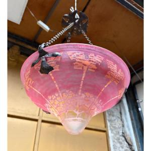 Le Verre Français - Large Acid-etched Glass Suspension With Stylized Decoration