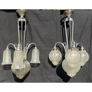 An Exceptional Pair Of Art Deco Chandeliers By Maison Leleu, Circa 1930