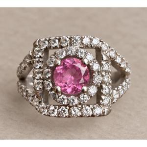 Bague en Or Blanc 18 Carats, Saphir Rose et Diamants